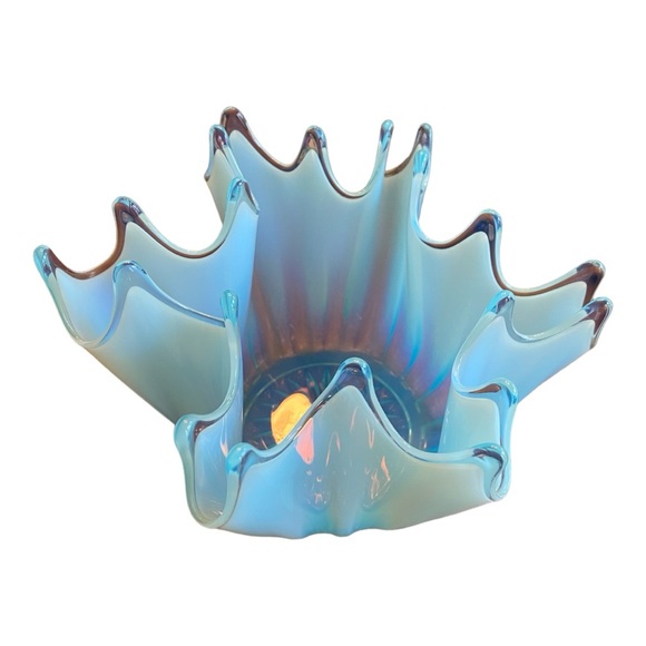 Vintage Fostoria Blue Opalescent Glass Heirloom Crimped Handkerchief Bowl. MINT - Picture 8 of 13